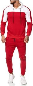 Men's Hooded Sweater Tracksuit Sports Casual Colorblock Sweater Jogger Pants 2-piece Set (Color: RED-XL)