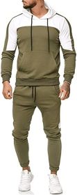 Men's Hooded Sweater Tracksuit Sports Casual Colorblock Sweater Jogger Pants 2-piece Set (Color: GREEN-L)