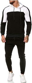 Men's Hooded Sweater Tracksuit Sports Casual Colorblock Sweater Jogger Pants 2-piece Set (Color: Black-L)