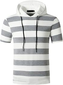 Men's New Muscle T-Shirt Gym Hooded Sports Short Sleeve Striped Slim T-Shirt (Color: Light gray-L)