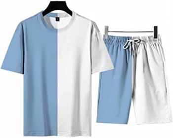 Men's Round Collar Suit 2 Piece Short Sports Set Short Shirt+ Pants Tracksuit Gym Suits (Color: LIGHT  BLUE+WHITE-L)