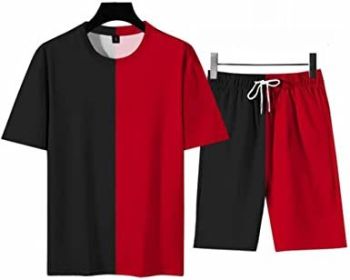 Men's Round Collar Suit 2 Piece Short Sports Set Short Shirt+ Pants Tracksuit Gym Suits (Color: BLACK+RED-XL)