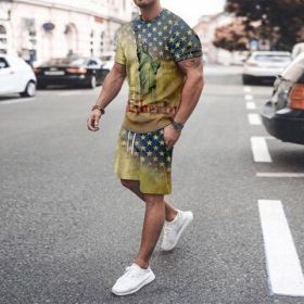 3D T-shirt digital printing short-sleeved shorts suit men's casual beach pants two-piece set (Color: TZ09)