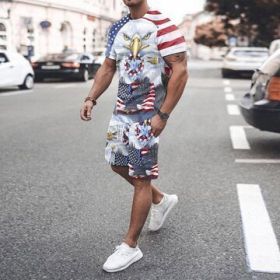 3D T-shirt digital printing short-sleeved shorts suit men's casual beach pants two-piece set (Color: TZ10)