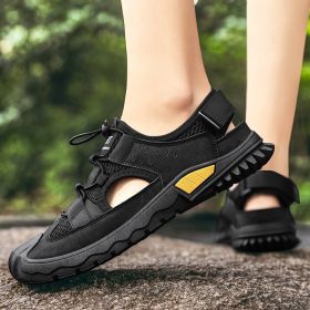 Summer New Leather Mesh Sandals Men Breathable Casual Outer Wear Slip-on Slippers Non-slip Soft Outdoor Beach Water Wading Shoes (Color: Black)