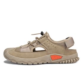 Summer New Leather Mesh Sandals Men Breathable Casual Outer Wear Slip-on Slippers Non-slip Soft Outdoor Beach Water Wading Shoes (Color: Khaki)