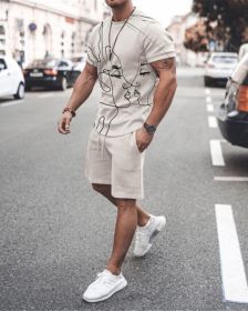 3D T-shirt digital printing short-sleeved shorts suit men's casual beach pants two-piece set (Color: TZ33)