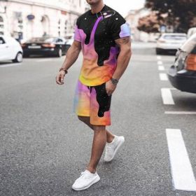 3D T-shirt digital printing short-sleeved shorts suit men's casual beach pants two-piece set (Color: TZ-01)