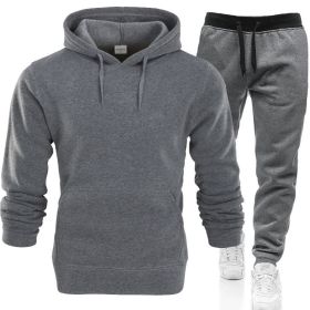 Autumn and winter men's pullover plush hoodie sweater suit solid casual sports suit (Color: Drak gray)