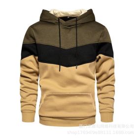 New men's fleece sweater splicing Hoodie autumn winter leisure sports sweater Plush casual coat (Color: Khaki)