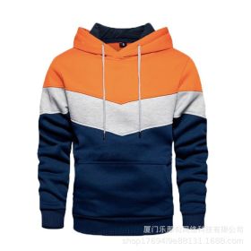 New men's fleece sweater splicing Hoodie autumn winter leisure sports sweater Plush casual coat (Color: orange)