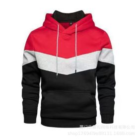 New men's fleece sweater splicing Hoodie autumn winter leisure sports sweater Plush casual coat (Color: Red)