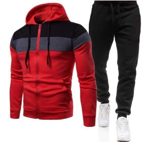 New triple color zipper sweater suit for men's sports leisure oversize loose sweater suit (Color: Red)