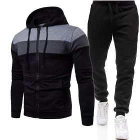 New triple color zipper sweater suit for men's sports leisure oversize loose sweater suit (Color: Black)