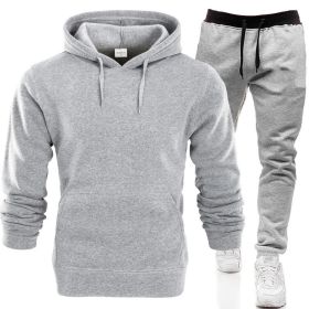 Autumn and winter men's pullover plush hoodie sweater suit solid casual sports suit (Color: Light gray)