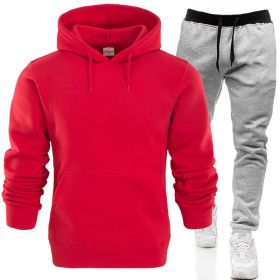 Autumn and winter men's pullover plush hoodie sweater suit solid casual sports suit (Color: Red)