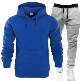 Autumn and winter men's pullover plush hoodie sweater suit solid casual sports suit (Color: Blue)