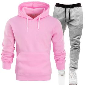 Autumn and winter men's pullover plush hoodie sweater suit solid casual sports suit (Color: Pink)