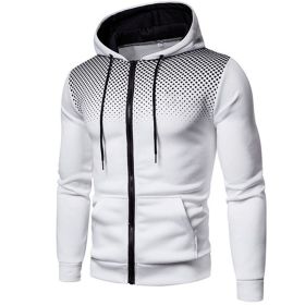 Men's polka dot zipper hoodie sweater Autumn and winter plush warm hoodie hoodie sweatshirt (Color: White)