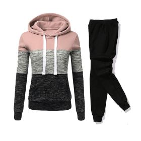 Women Tracksuit 2 Pieces Set Winter Hoodies+Pants Set Patchwork Pullover Sweatshirt Female Sport Suit Outfits for Woman Clothing (Color: Pink)