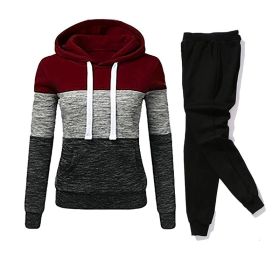 Women Tracksuit 2 Pieces Set Winter Hoodies+Pants Set Patchwork Pullover Sweatshirt Female Sport Suit Outfits for Woman Clothing (Color: Burgundy)