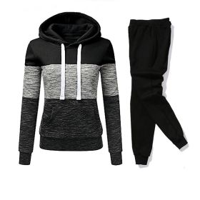 Women Tracksuit 2 Pieces Set Winter Hoodies+Pants Set Patchwork Pullover Sweatshirt Female Sport Suit Outfits for Woman Clothing (Color: Black)