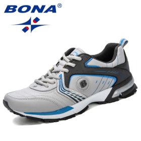 BONA Running Shoes Men Fashion Outdoor Light Breathable Sneakers Man Lace-Up Sports Walking Jogging Shoes Man Comfortable (Color: L gray D grey L blue)