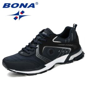 BONA Running Shoes Men Fashion Outdoor Light Breathable Sneakers Man Lace-Up Sports Walking Jogging Shoes Man Comfortable (Color: Deep blue S gray)