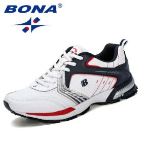 BONA Running Shoes Men Fashion Outdoor Light Breathable Sneakers Man Lace-Up Sports Walking Jogging Shoes Man Comfortable (Color: White deep blue red)