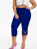 Plus Size High Rise Cut Out Capri Leggings; Women's Plus Medium Stretch Solid Casual Leggings