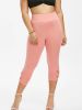 Plus Size High Rise Cut Out Capri Leggings; Women's Plus Medium Stretch Solid Casual Leggings