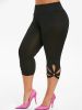 Plus Size High Rise Cut Out Capri Leggings; Women's Plus Medium Stretch Solid Casual Leggings