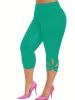 Plus Size High Rise Cut Out Capri Leggings; Women's Plus Medium Stretch Solid Casual Leggings