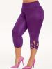 Plus Size High Rise Cut Out Capri Leggings; Women's Plus Medium Stretch Solid Casual Leggings